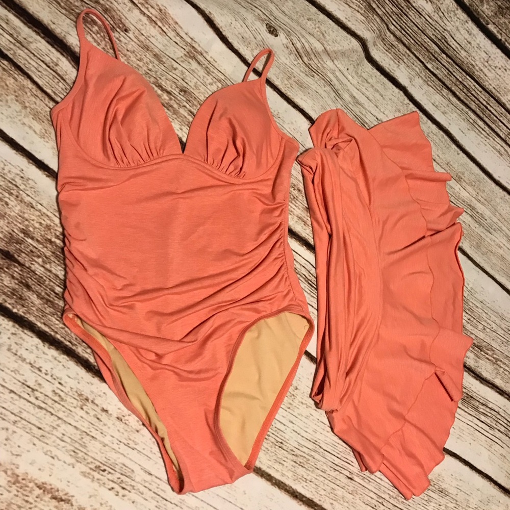 One piece coral swimsuit with skirt